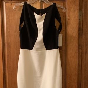 Short, open back, black and white cocktail dress